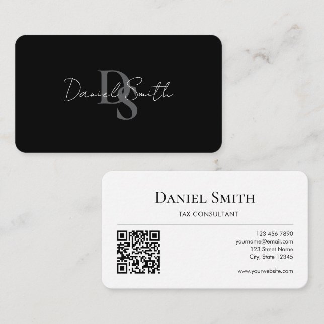 Tarjeta De Visita Simple Professional Monogram Initial QR code White (Anverso / Reverso)