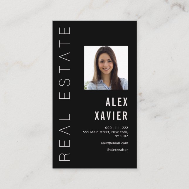 Tarjeta De Visita simple text black real estate business card (Anverso)