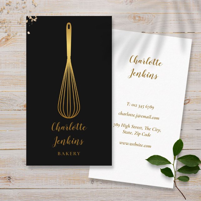 Tarjeta De Visita Simple Whisk Bakery Patisserie Black Gold (Simple Whisk Bakery Patisserie Black Gold Business Card)