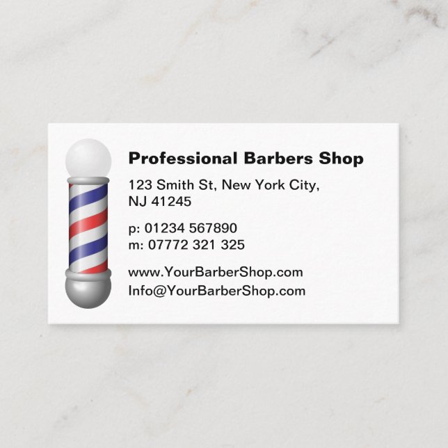 Tarjeta De Visita Simple White Barbers Pole Barbershop Business Card (Anverso)