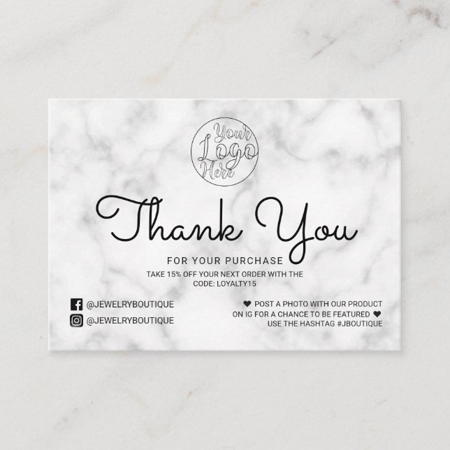 Tarjeta De Visita Simple White Black Marble Customer Gracias (Anverso)