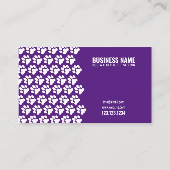 Tarjeta De Visita Simple White & Purple Pattern Paw Print Dog Walker (Anverso)