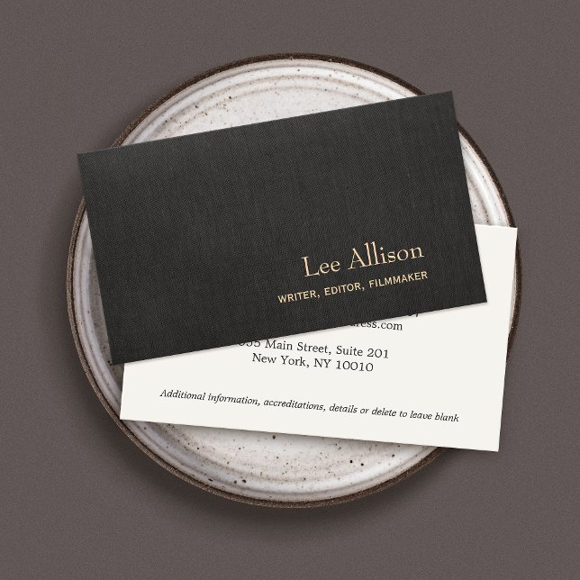 Tarjeta De Visita Simple y elegante Faux Black Linen Profesional (Subido por el creador)