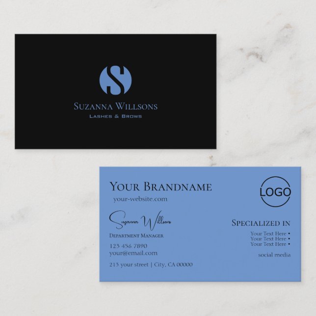 Tarjeta De Visita Simplemente azul negro claro con monograma y logot (Anverso / Reverso)
