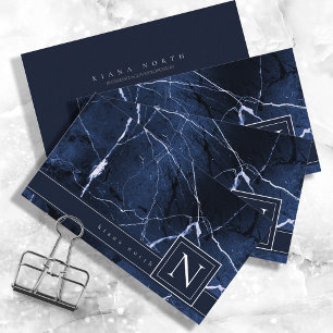 Tarjeta De Visita Simplemente Marble Monogarm Blue y White Std ID672