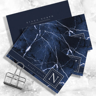 Tarjeta De Visita Simplemente Marble Monogarm Blue y White Std ID672