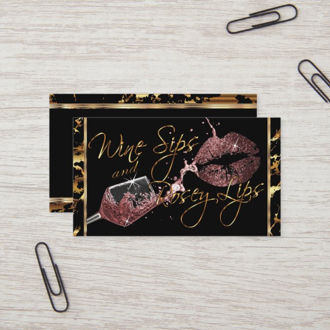 Tarjeta De Visita Sips de vino y labios de rosey - Rosa polvoriento  (Anverso/Reverso In Situ)