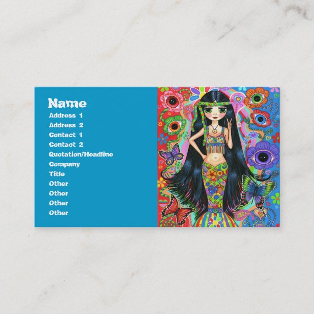 Tarjeta De Visita Sirena psicodélica del chica del Hippie con las (Anverso)