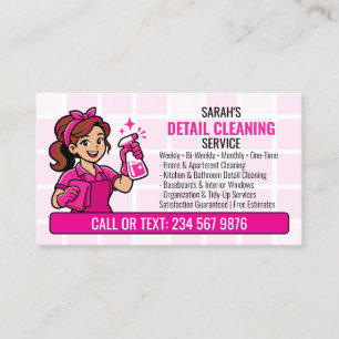 Tarjeta De Visita Sirvienta de dibujos animados QR con detalles rosa