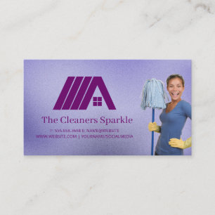 Tarjeta De Visita Sirvienta Feliz Sosteniendo Fregona Cuello Azul