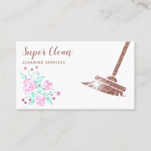 Tarjeta De Visita Sirvienta limpiando casa floral rosa oro brillante