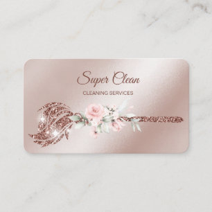 Tarjeta De Visita Sirvienta limpiando casa rosa dorado brillante