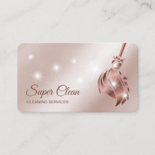 Tarjeta De Visita Sirvienta limpiando casa rosa dorado brillante