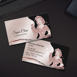 Tarjeta De Visita Sirvienta limpiando casa rosa dorado brillante