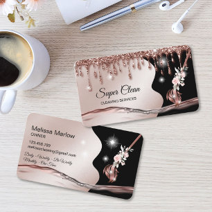 Tarjeta De Visita Sirvienta limpiando casa rosa dorado brillante