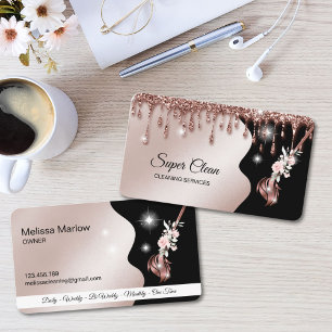 Tarjeta De Visita Sirvienta limpiando casa rosa dorado brillante