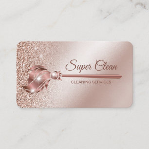Tarjeta De Visita Sirvienta limpiando casa rosa dorado brillante