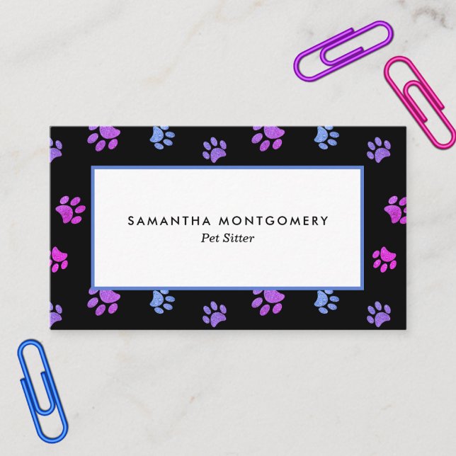 Tarjeta De Visita Sitio Mascota profesional de impresión Purple Pink (Purple Pink Blue Paw Print Professional Pet Sitter Business Card)