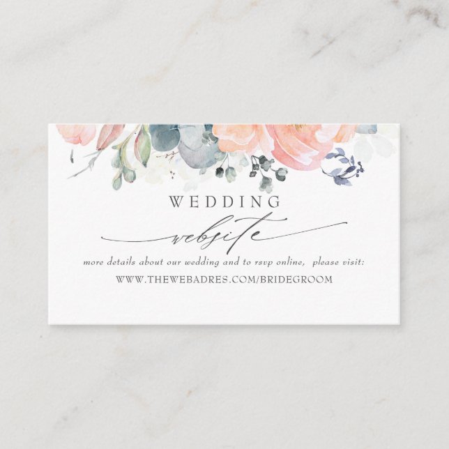 Tarjeta De Visita Sitio web boda Dusty Blue and Peach Foliage (Anverso)