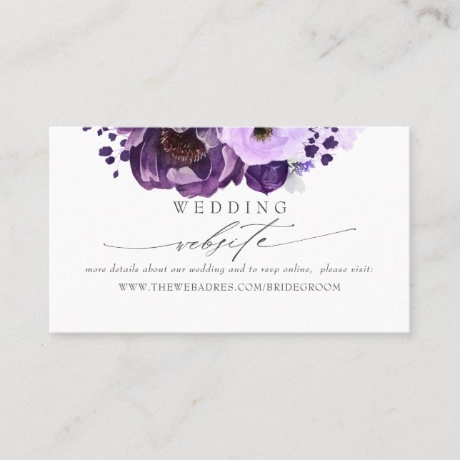 Tarjeta De Visita Sitio web boda Eggplant Purple Flowers (Anverso)