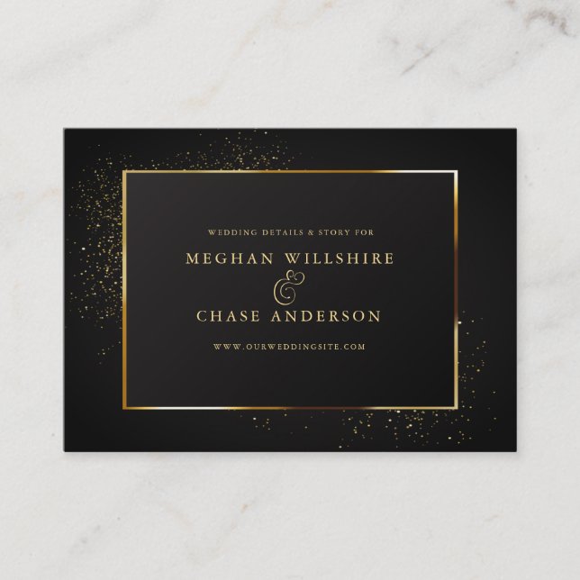 Tarjeta De Visita SITIO WEB BODA | Elegante Purpurina negro y oro (Anverso)