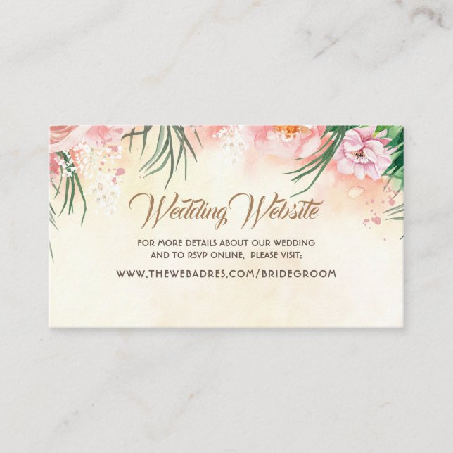 Tarjeta De Visita Sitio web boda Flores tropicales rosadas y hoja de (Anverso)