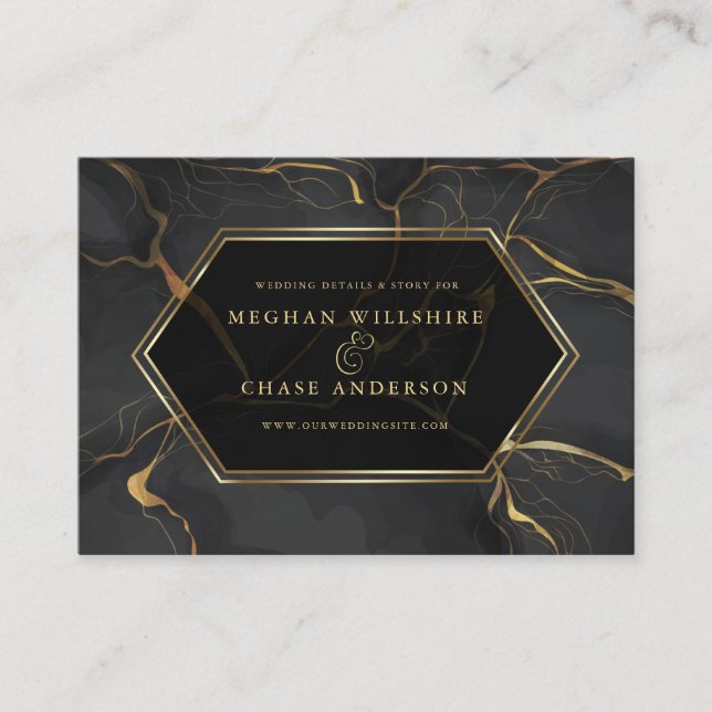 Tarjeta De Visita SITIO WEB BODA | Mármol negro y oro elegante (Anverso)