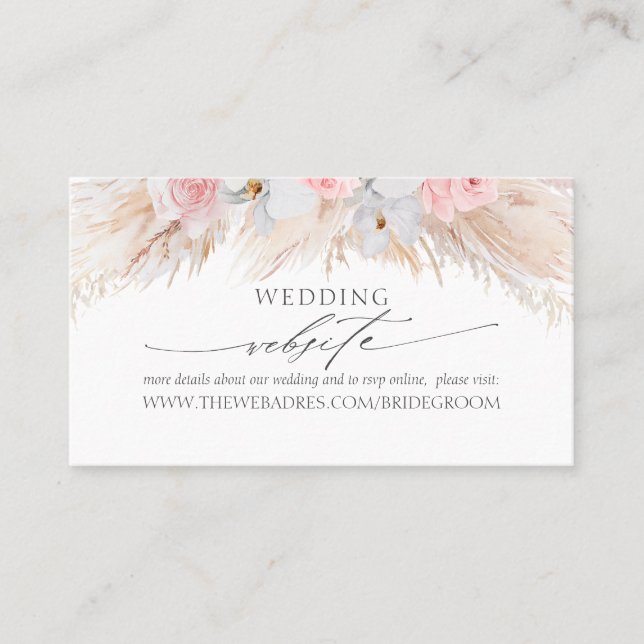 Tarjeta De Visita Sitio web boda Pastel Flores Tropicales y Pampas (Anverso)