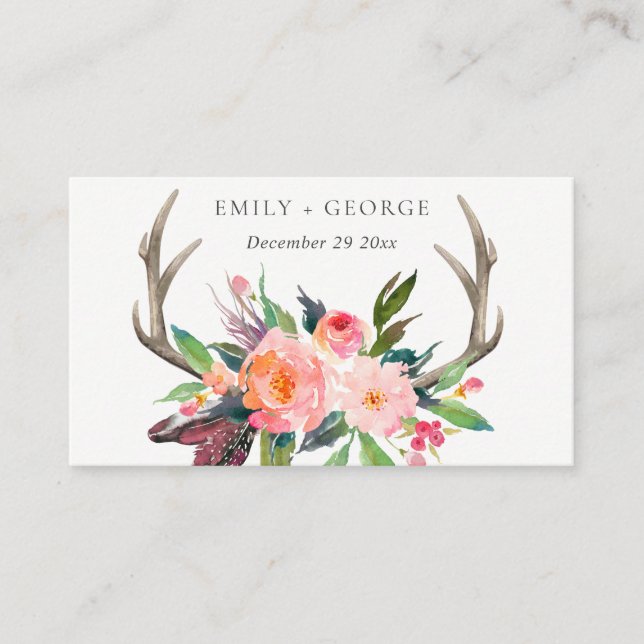 TARJETA DE VISITA SITIO WEB BOHO RUBOR ANTLER FLORAL COUNTRY WEDDING (Anverso)