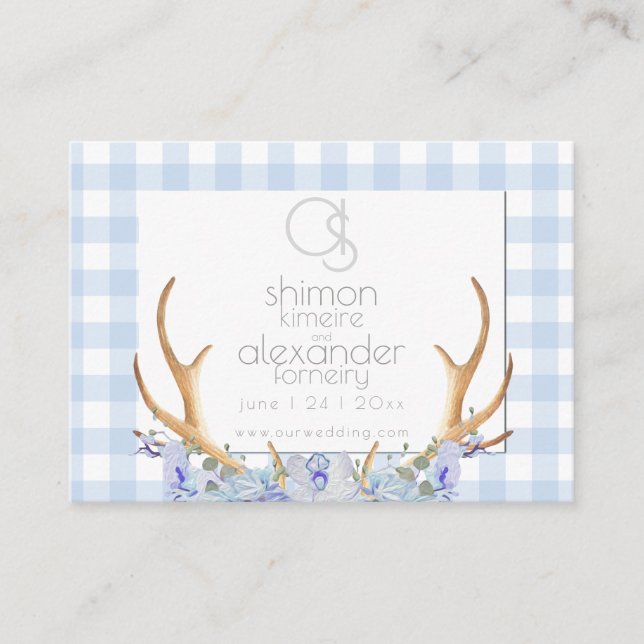 Tarjeta De Visita Sitio web de bodas | Monograma Azul Gingham Floral (Anverso)