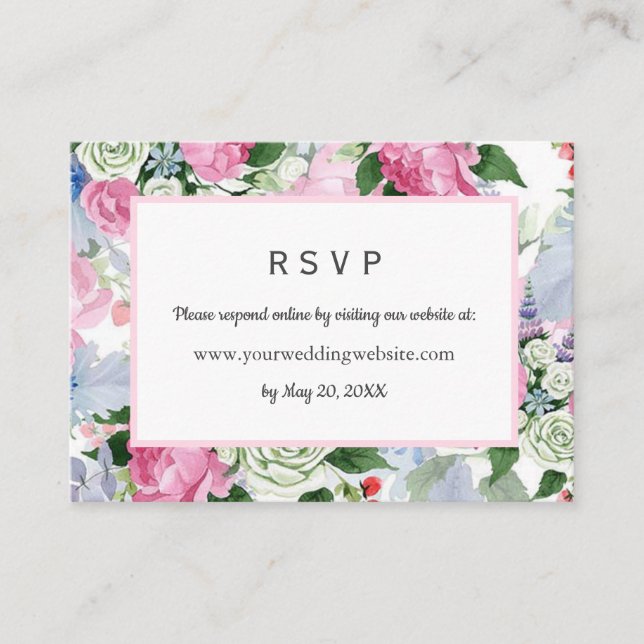 Tarjeta De Visita Sitio web de Boho rosa Floral Wedding RSVP (Anverso)