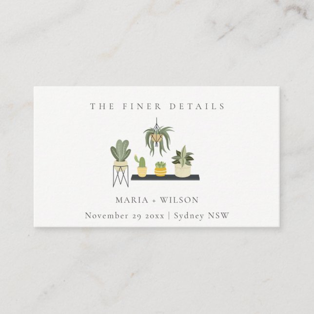 Tarjeta De Visita Sitio web del Boda Cute Potted Leafy Succulent Pla (Anverso)