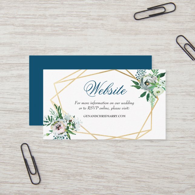 Tarjeta De Visita Sitio Web del Boda Geométrico Azul Floral Boho (Anverso/Reverso In Situ)