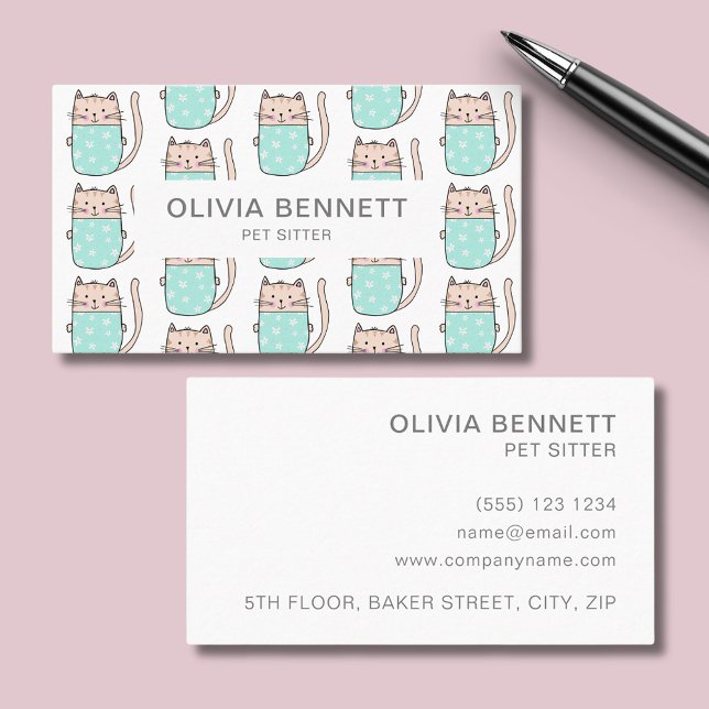 Tarjeta De Visita Sitter de Mascota de gato lindo (Cat themed pet sitter professional business card.  Easily edit online with your own details.)