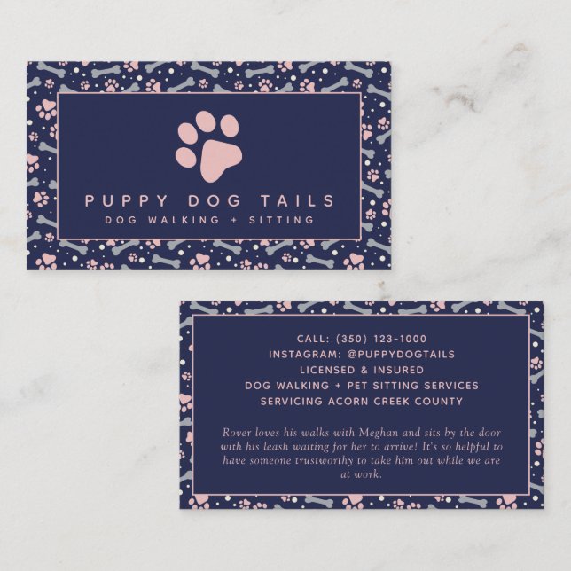Tarjeta De Visita Sitter Mascota de Blue Pink Dog Walker (Anverso / Reverso)