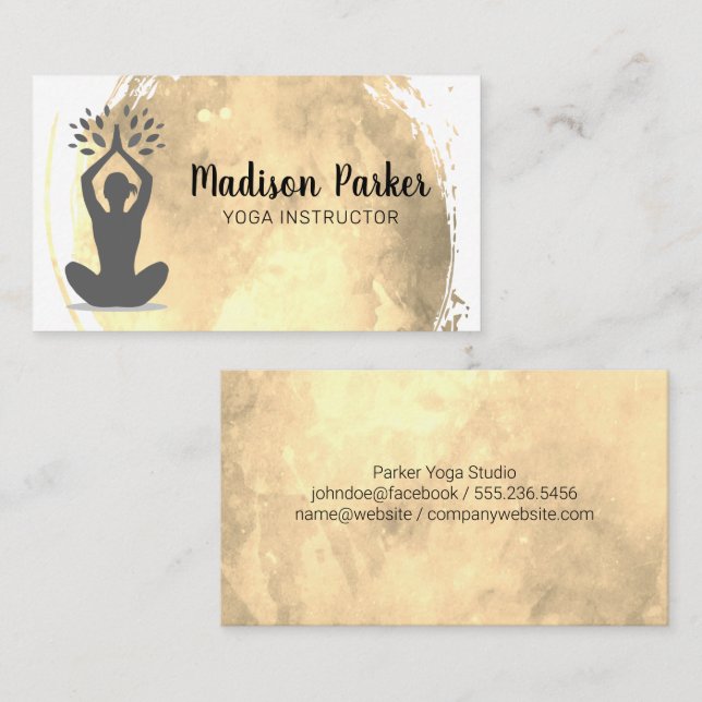 Tarjeta De Visita Sitting Yoga Pose | Cepillado acuarela dorada (Anverso / Reverso)