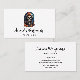 Tarjeta De Visita Skeleton espeluznante con calabazas malvadas