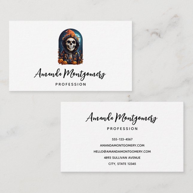 Tarjeta De Visita Skeleton espeluznante con calabazas malvadas (Anverso / Reverso)