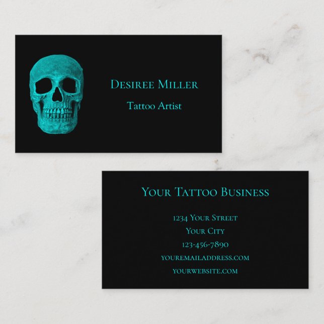 Tarjeta De Visita Skull Gothic Dark Verde azulado Tattoo Shop (Anverso / Reverso)