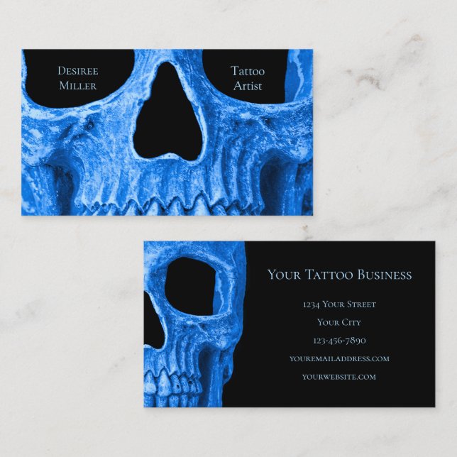 Tarjeta De Visita Skull Head Gothic Neon Blue Tattoo Shop (Anverso / Reverso)