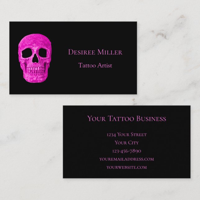 Tarjeta De Visita Skull Head Gothic Neon Pink Black Tattoo Shop (Anverso / Reverso)