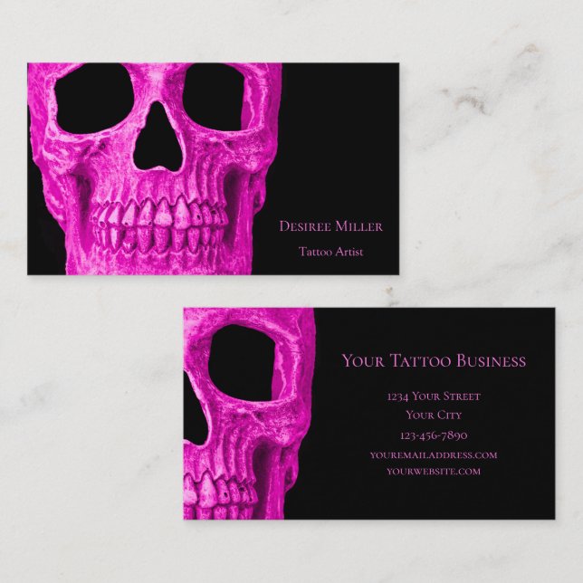 Tarjeta De Visita Skull Head Gothic Neon Pink Black Tattoo Shop (Anverso / Reverso)