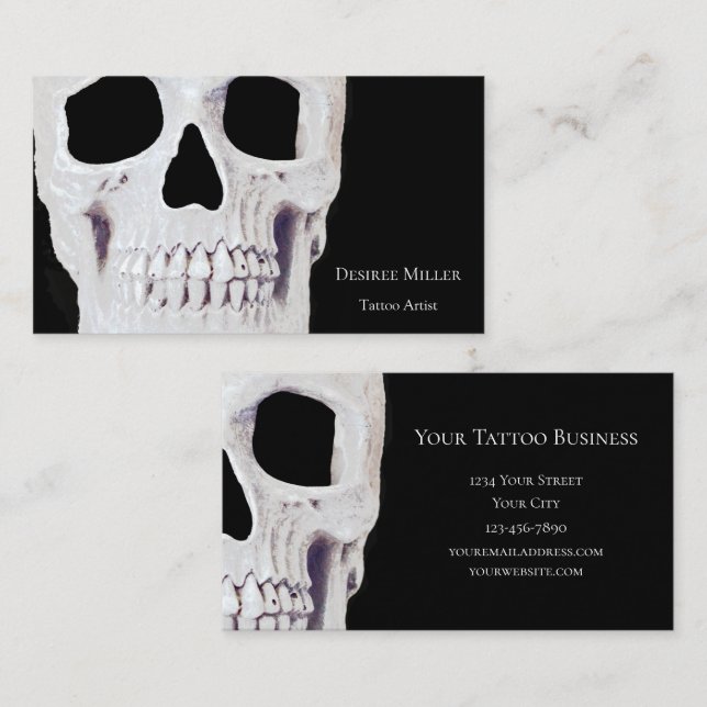 Tarjeta De Visita Skull Head Gothic Neon White Tattoo Shop (Anverso / Reverso)