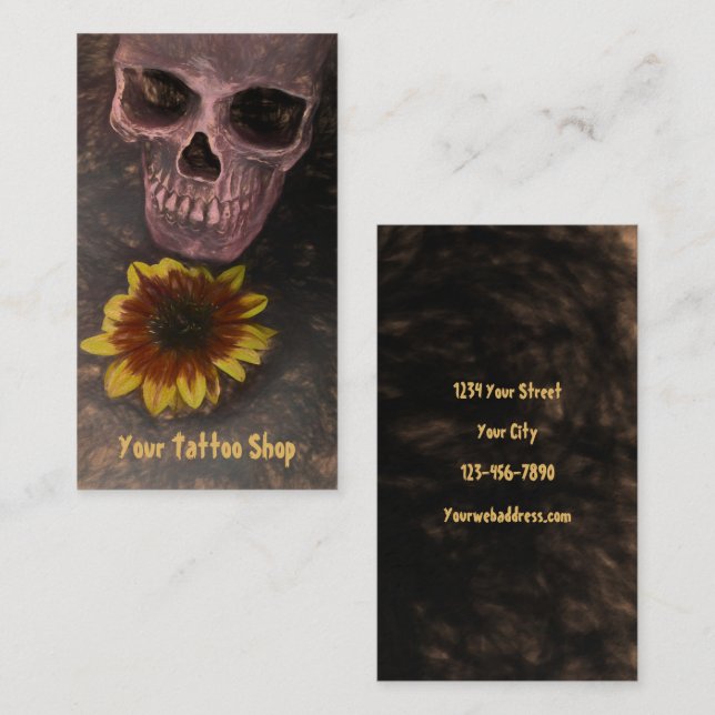 Tarjeta De Visita Skull Yellow Sunflower Gothage Sepia Sketch (Anverso / Reverso)