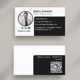Tarjeta De Visita Sleek Black | White Minimal Modern Notary Photo QR