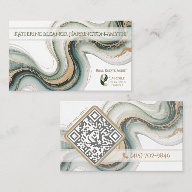 Tarjeta De Visita Sleek Sage Gold Marble Modern Realtor Logo QR Code (Anverso / Reverso)