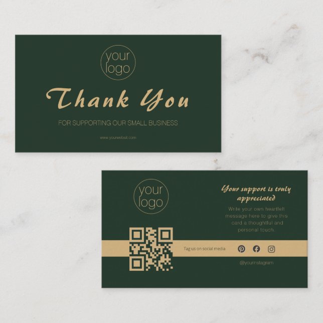 Tarjeta De Visita Small Business Logo Thank You QR Card Olive Gold (Anverso / Reverso)