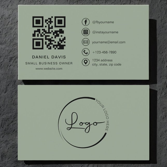 Tarjeta De Visita Small Business Owner Sage Green Logo QR Code  (Subido por el creador)