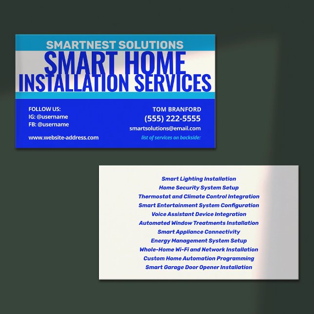 Tarjeta De Visita Smart Home Installation Services (smart home installation business card and bold blue design)