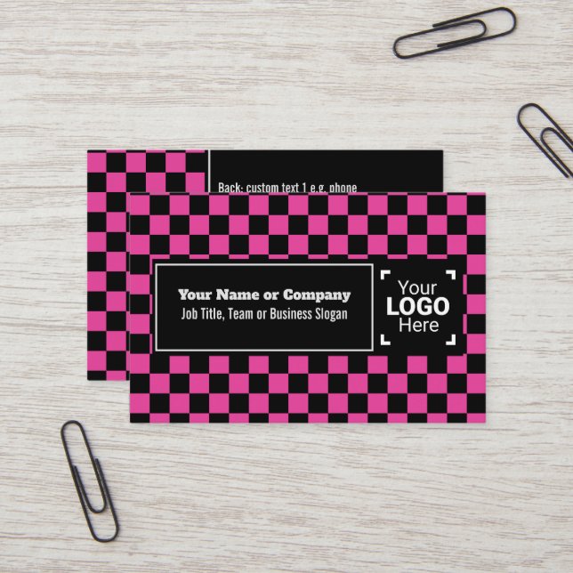 Tarjeta De Visita Snazzy Cerise / Black Checkered Own Text, QR, Logo (Anverso/Reverso In Situ)